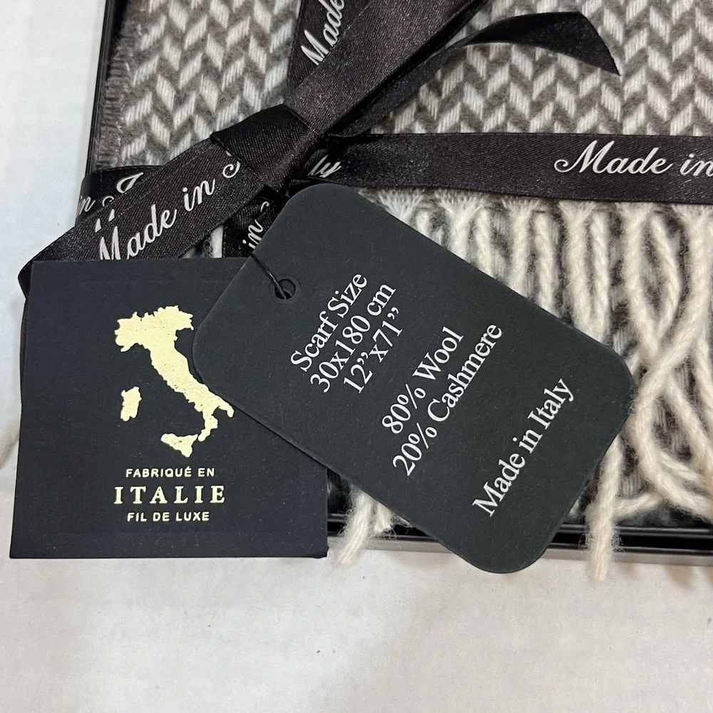 Linea Emmeti Scarf Green Herringbone Cashmere Wool Blend 12